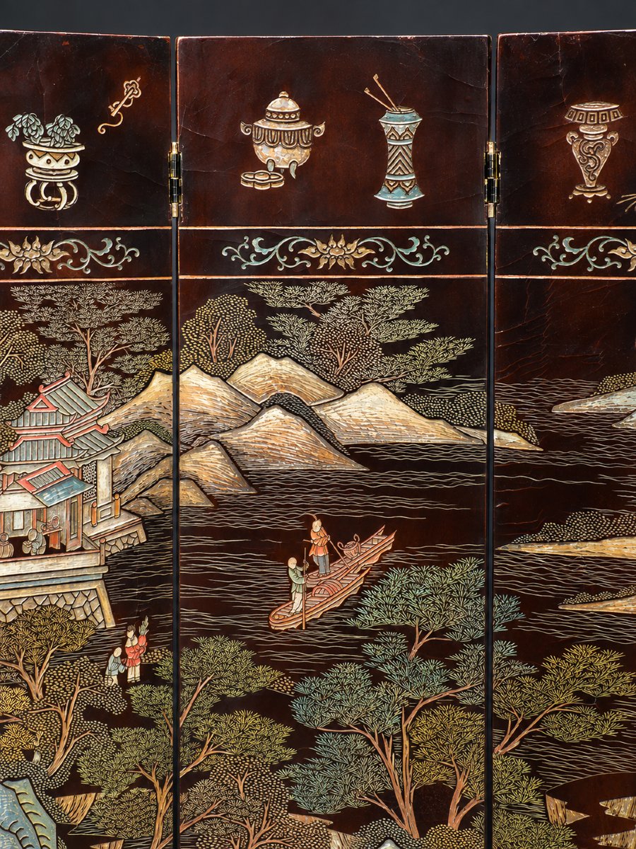 Paravent Asiatique , Laque De Coromandel , 6 Feuilles , Laque Rouge , XIXe siecle , Tete De Lit-photo-1