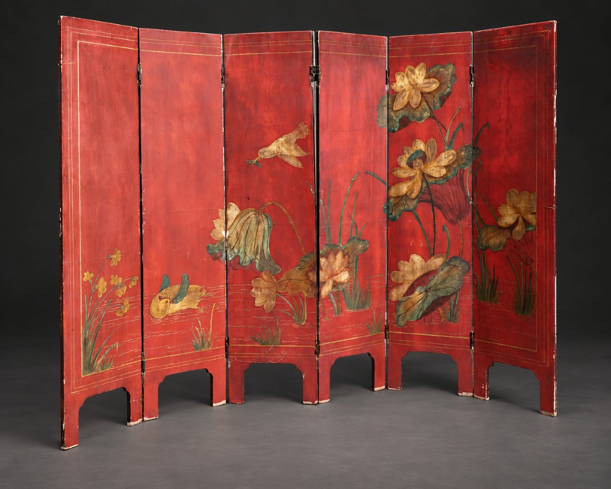 Paravent Asiatique , Laque De Coromandel , 6 Feuilles , Laque Rouge , XIXe siecle , Tete De Lit-photo-3