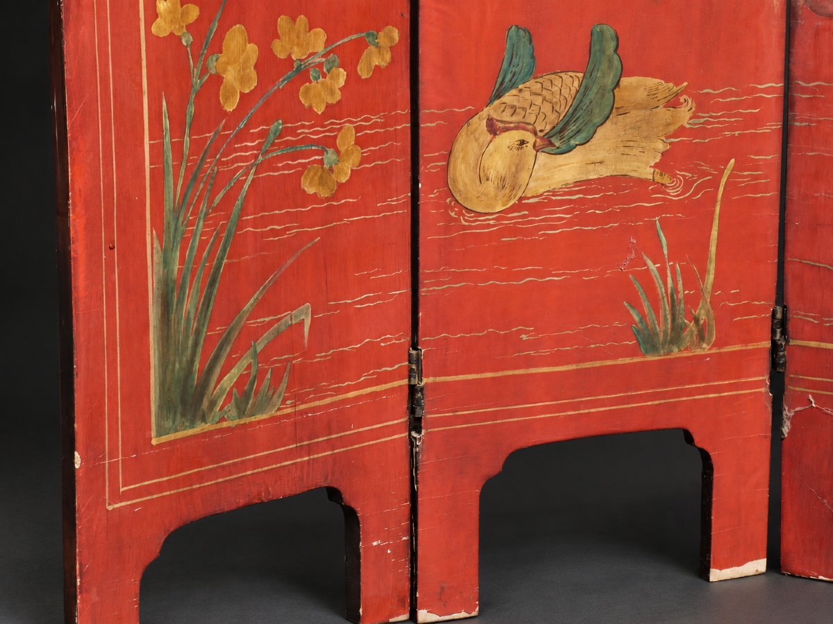 Paravent Asiatique , Laque De Coromandel , 6 Feuilles , Laque Rouge , XIXe siecle , Tete De Lit-photo-5