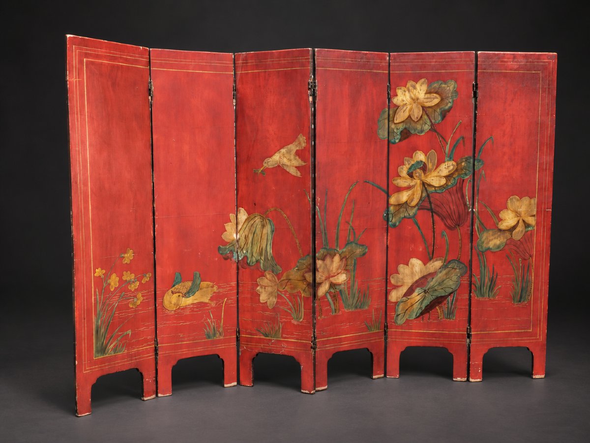 Paravent Asiatique , Laque De Coromandel , 6 Feuilles , Laque Rouge , XIXe siecle , Tete De Lit