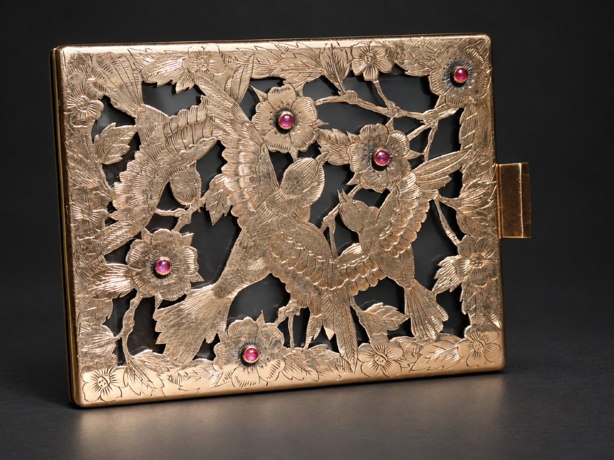 Boucheron Paris – Gold-plated Silver Powder Box With Openwork Design Of Birds And Flowers, Rubies – Circa 1940-photo-2