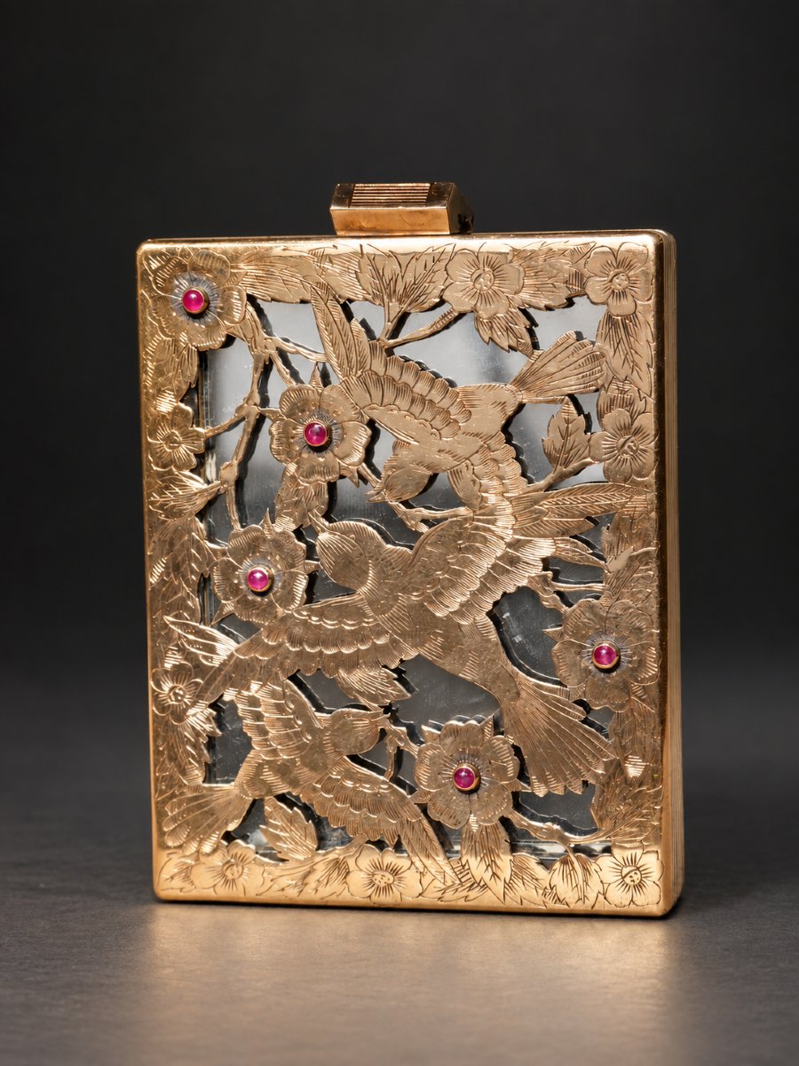 Boucheron Paris – Gold-plated Silver Powder Box With Openwork Design Of Birds And Flowers, Rubies – Circa 1940-photo-2