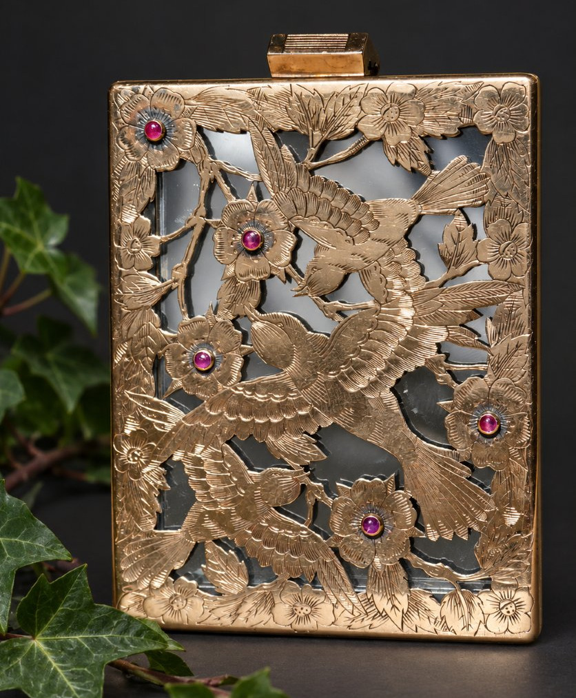 Boucheron Paris – Gold-plated Silver Powder Box With Openwork Design Of Birds And Flowers, Rubies – Circa 1940