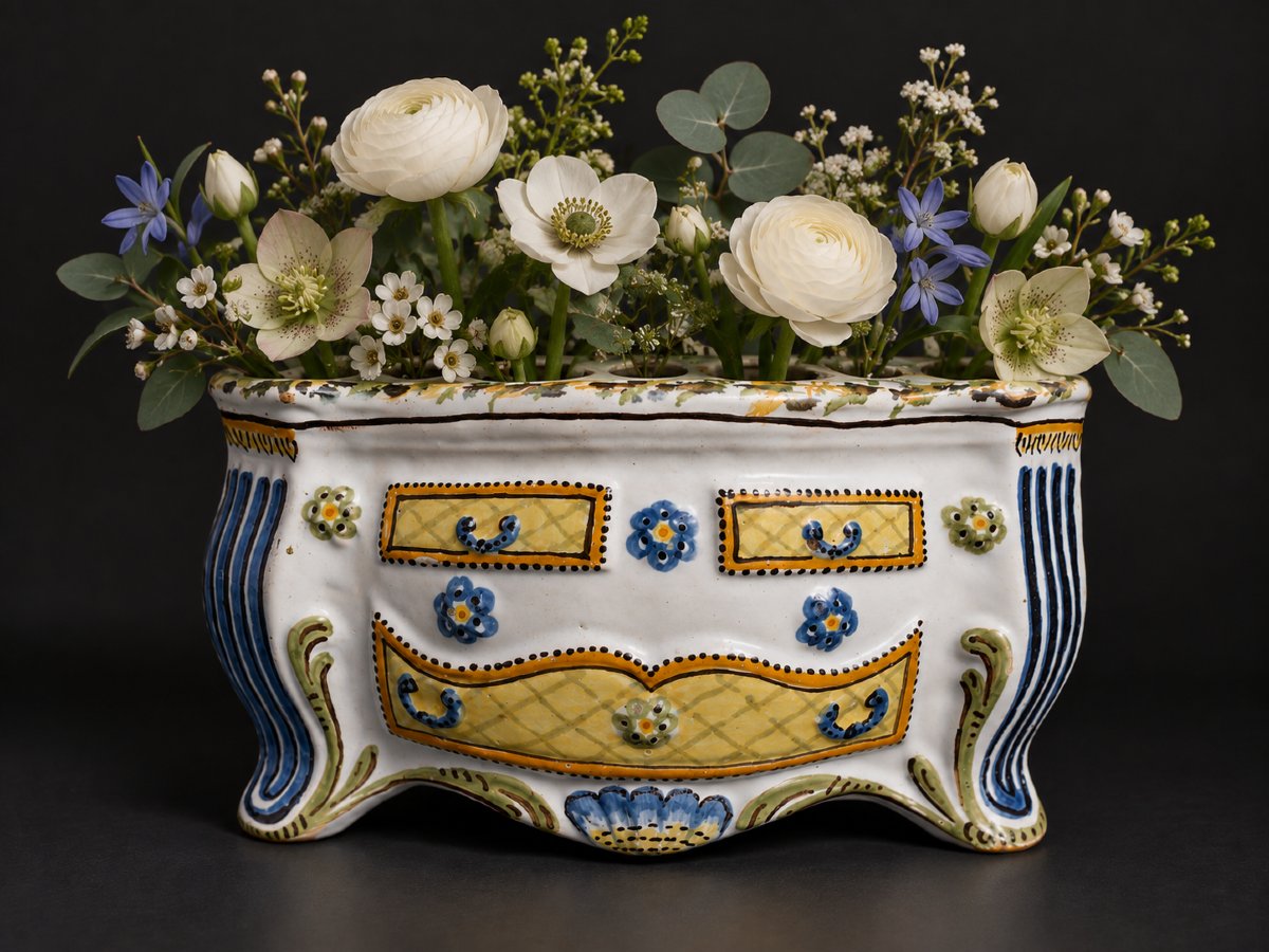 Commode Tulipiere En Faience De Nevers Style XVIIIe siecle , Trompe L'oeil ; Vase En Céramique