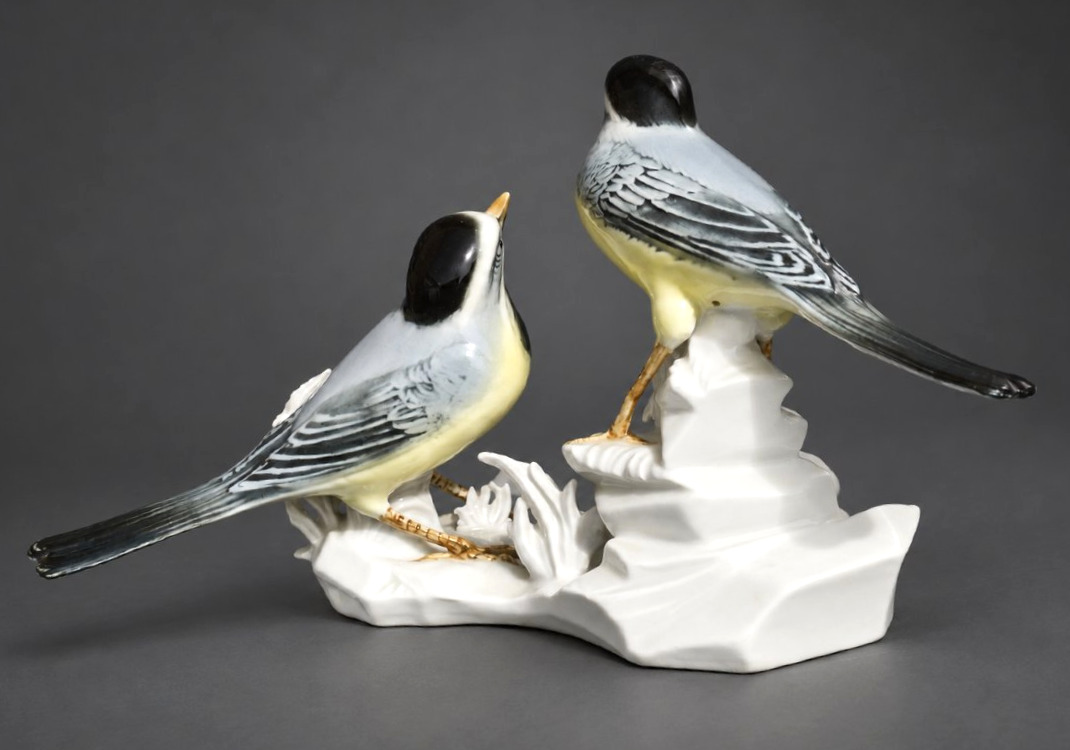Porcelain Set, Trendy Birds Signed By Karl Ens, Art Deco Stream Wagtails-photo-4