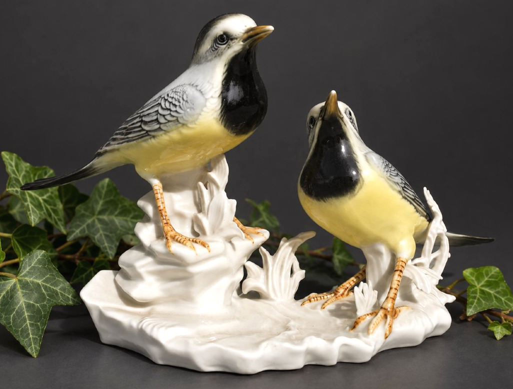 Porcelain Set, Trendy Birds Signed By Karl Ens, Art Deco Stream Wagtails