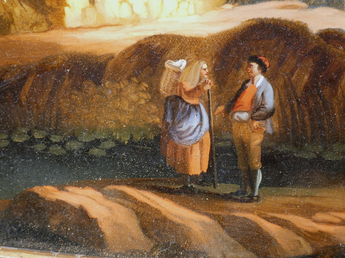 Painting Set Behind Glass, 18th Century, Village Scene, Lake, Lakeside Landscape-photo-2