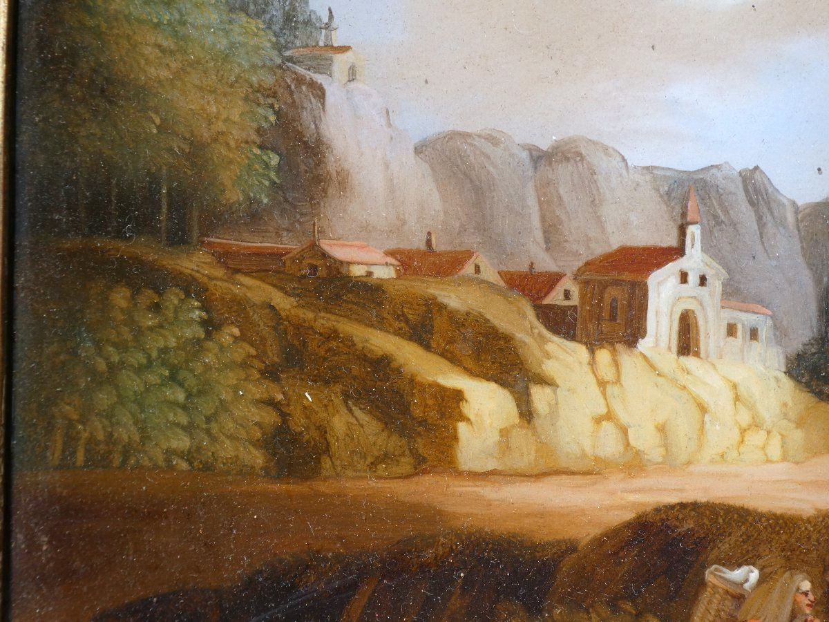 Painting Set Behind Glass, 18th Century, Village Scene, Lake, Lakeside Landscape-photo-3