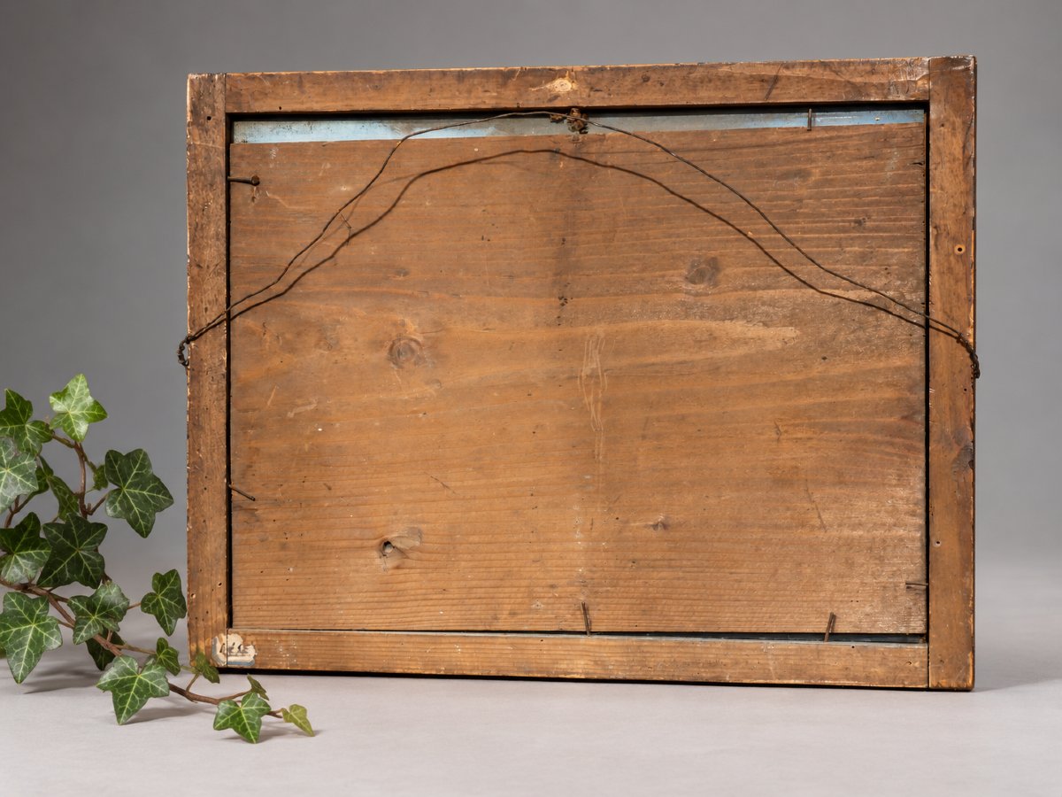 Painting Set Behind Glass, 18th Century, Village Scene, Lake, Lakeside Landscape-photo-4