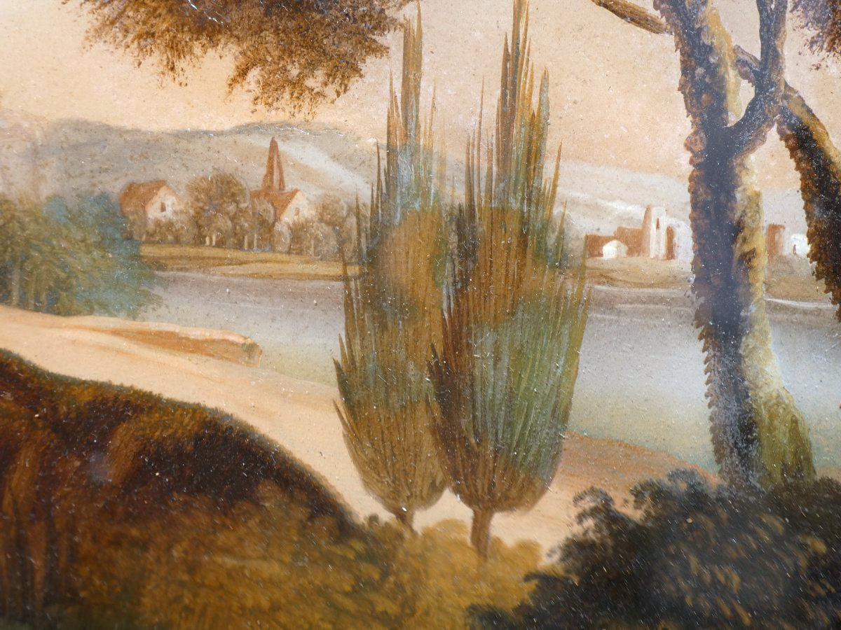 Painting Set Behind Glass, 18th Century, Village Scene, Lake, Lakeside Landscape-photo-1