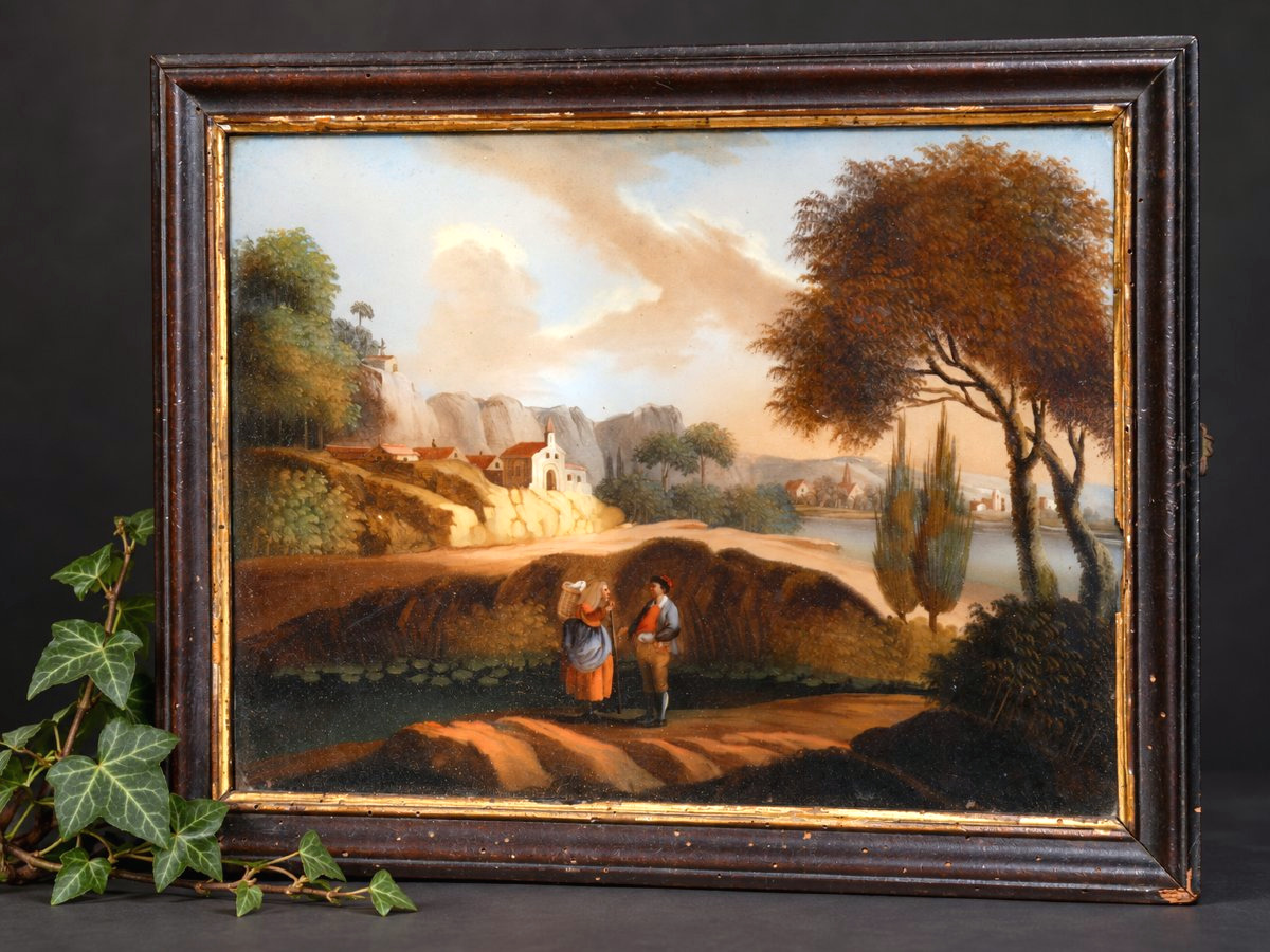 Painting Set Behind Glass, 18th Century, Village Scene, Lake, Lakeside Landscape