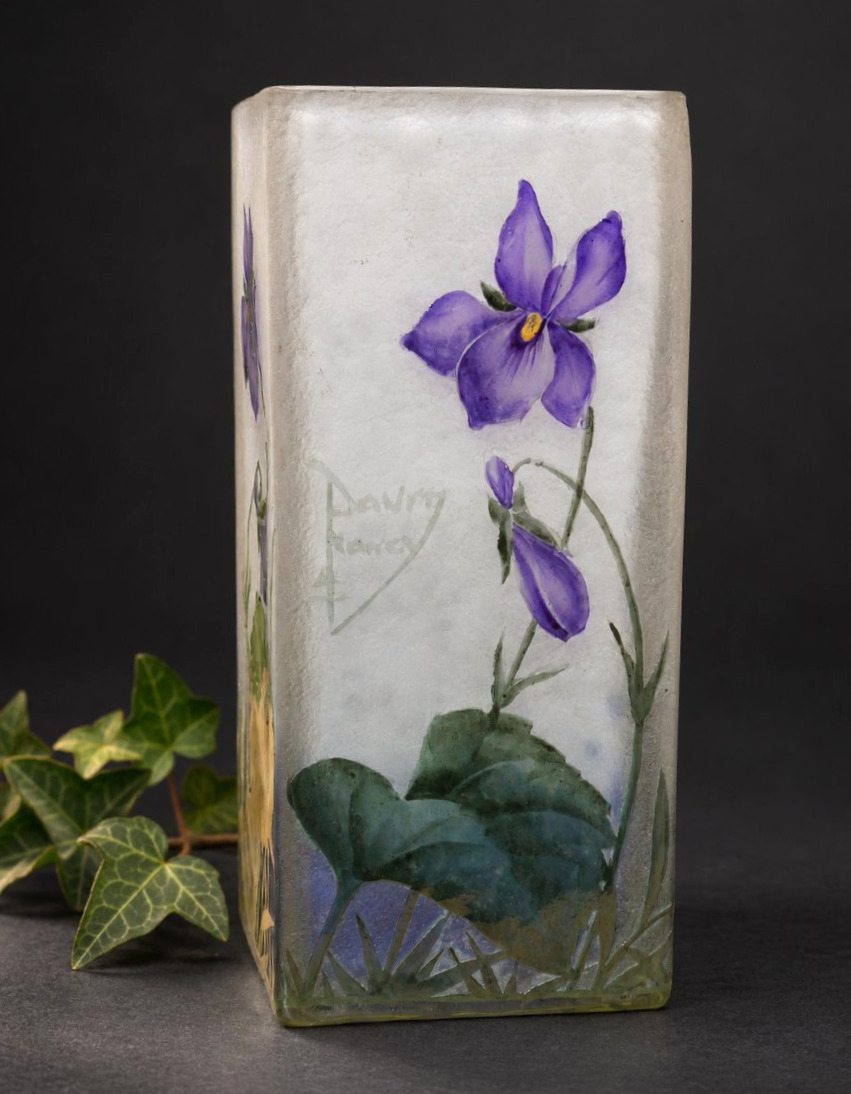 Vase Daum Nancy , Decor De Violettes , Art Nouveau 1900 , Croix De Lorraine , Verre émaillé -photo-2