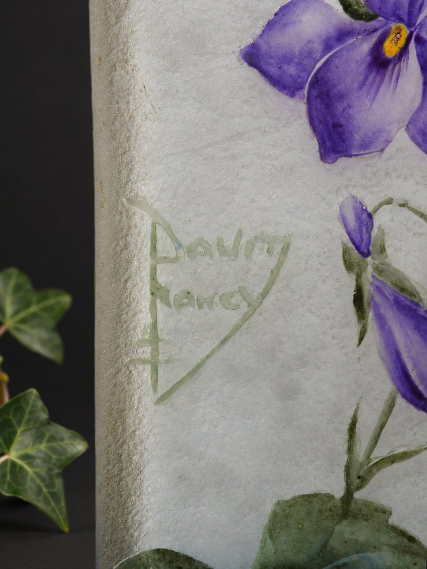 Vase Daum Nancy , Decor De Violettes , Art Nouveau 1900 , Croix De Lorraine , Verre émaillé -photo-3