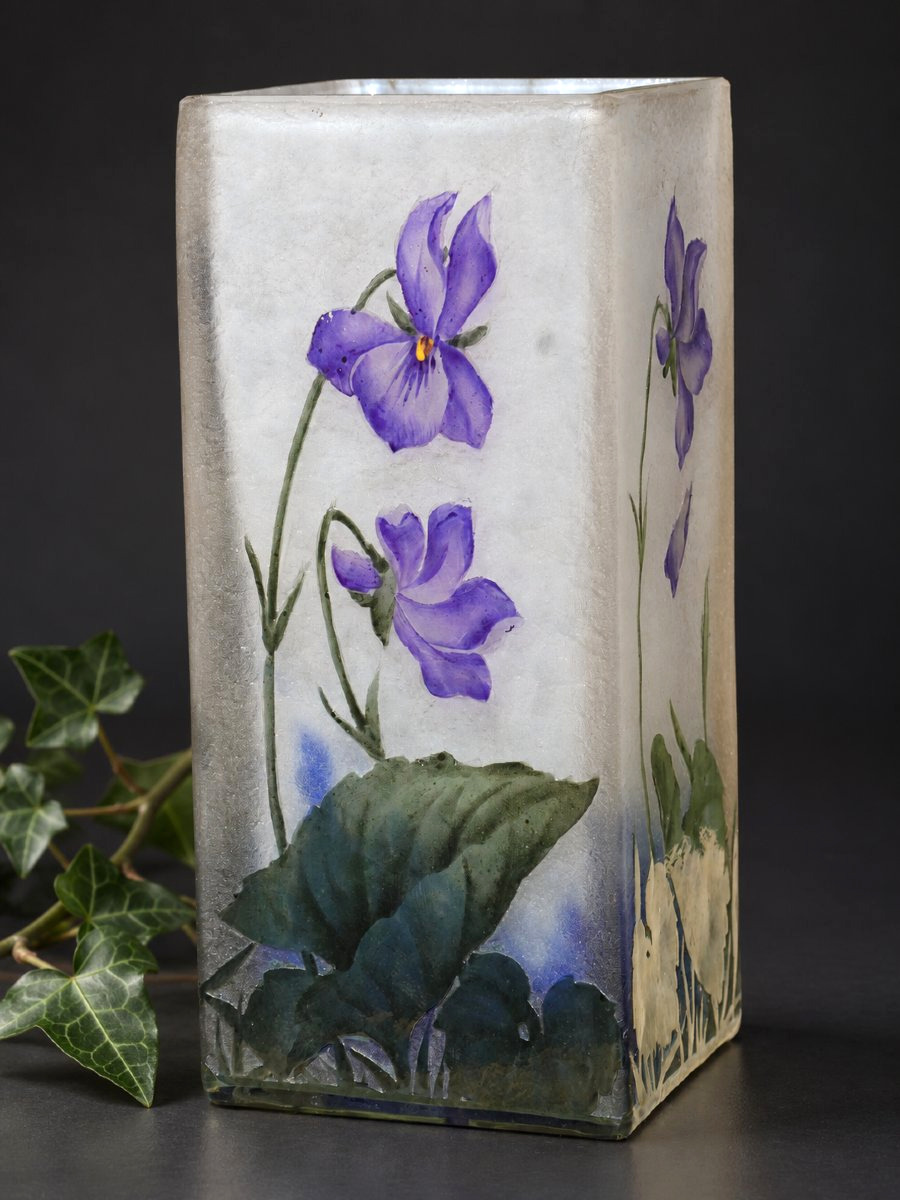 Vase Daum Nancy , Decor De Violettes , Art Nouveau 1900 , Croix De Lorraine , Verre émaillé -photo-4