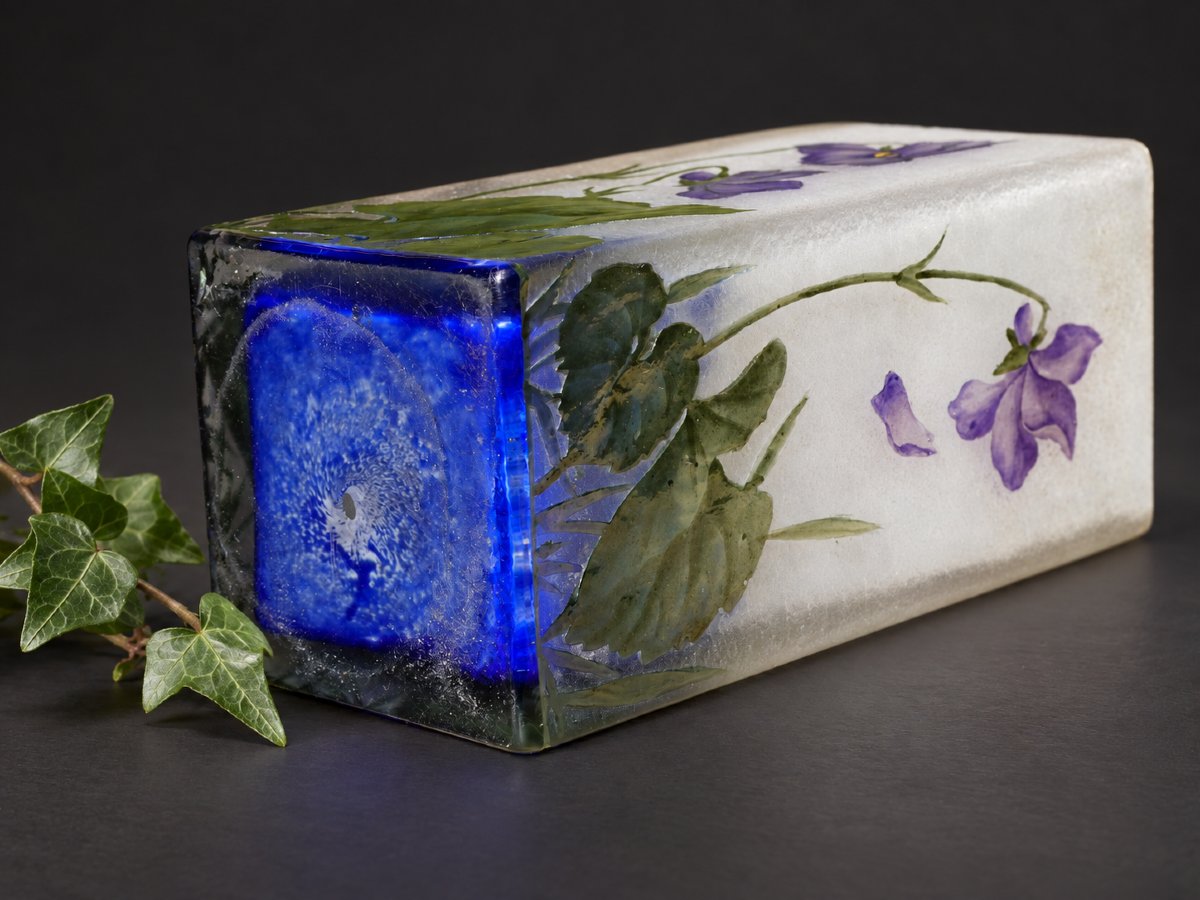 Vase Daum Nancy , Decor De Violettes , Art Nouveau 1900 , Croix De Lorraine , Verre émaillé -photo-1