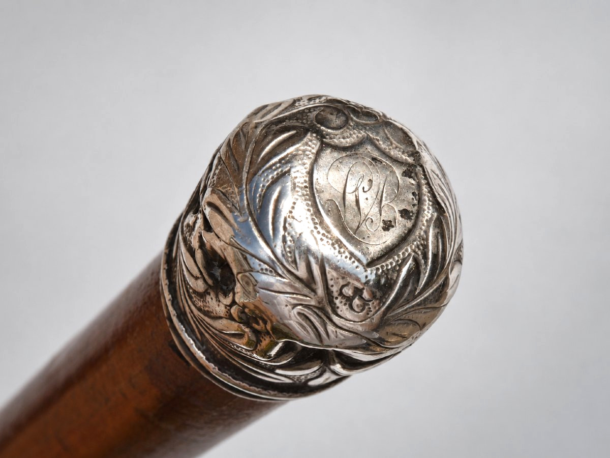 Canne De Marche 1830 , Pommeau En Argent , Jonc De Malacca XIXe , Monogramme Dandy-photo-3