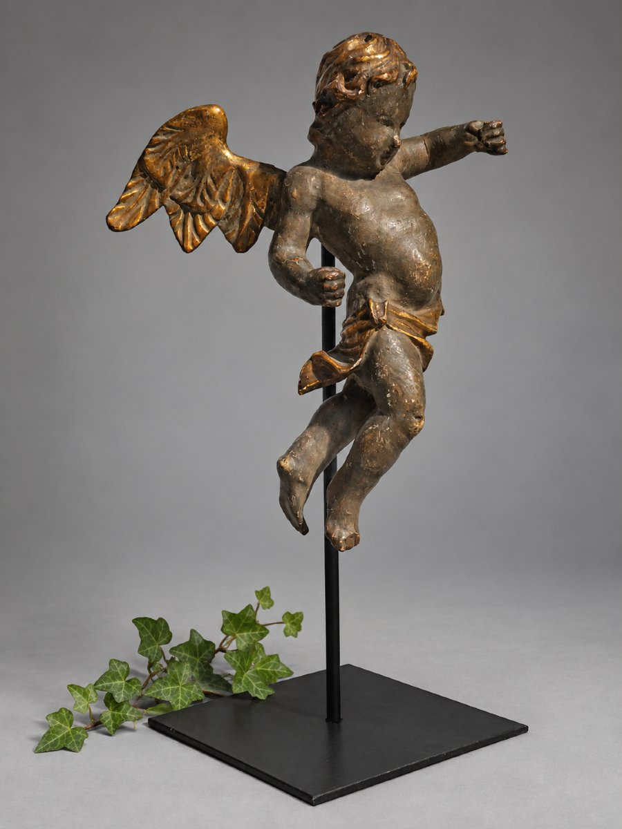 18th-century Polychrome Gilded Wooden Angel/putto, Cherub, Central Europe, Sculpture -photo-2