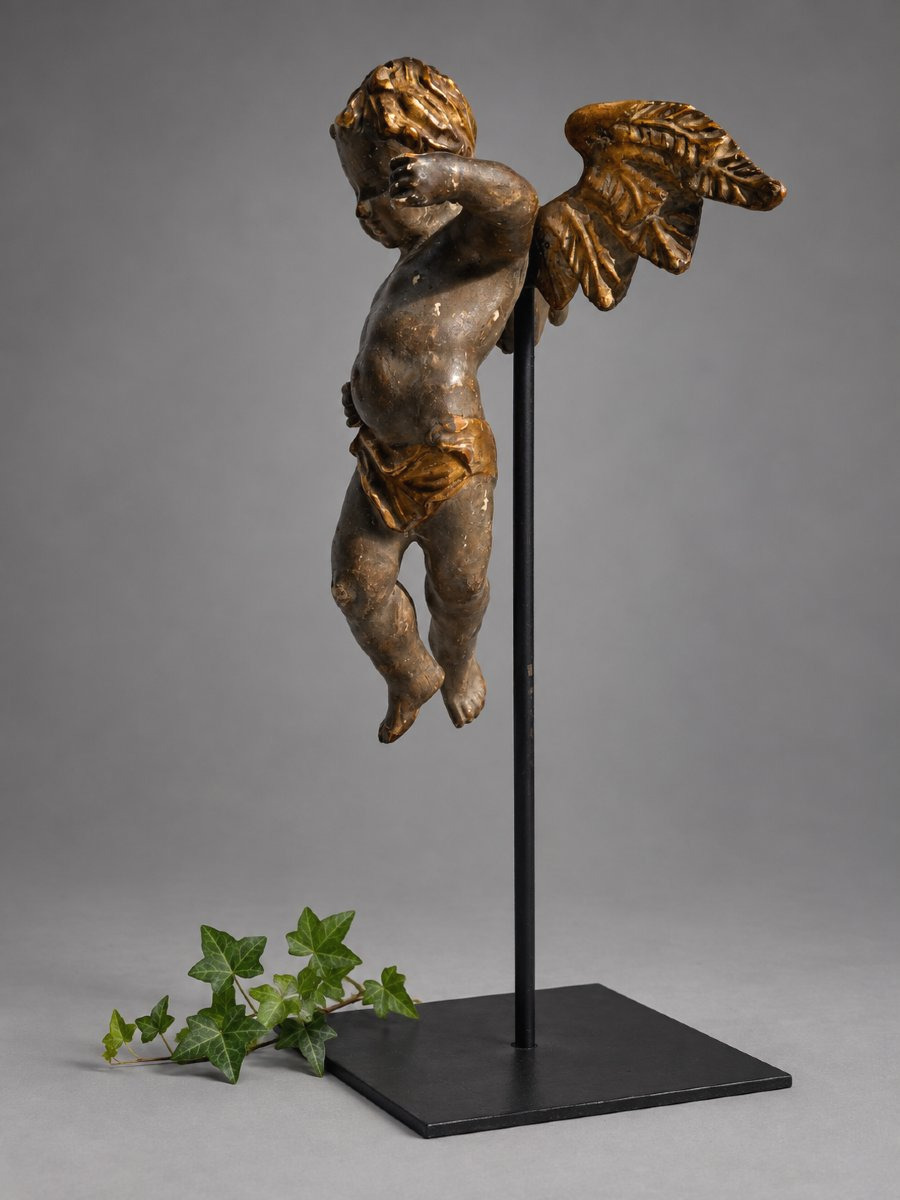 18th-century Polychrome Gilded Wooden Angel/putto, Cherub, Central Europe, Sculpture -photo-3
