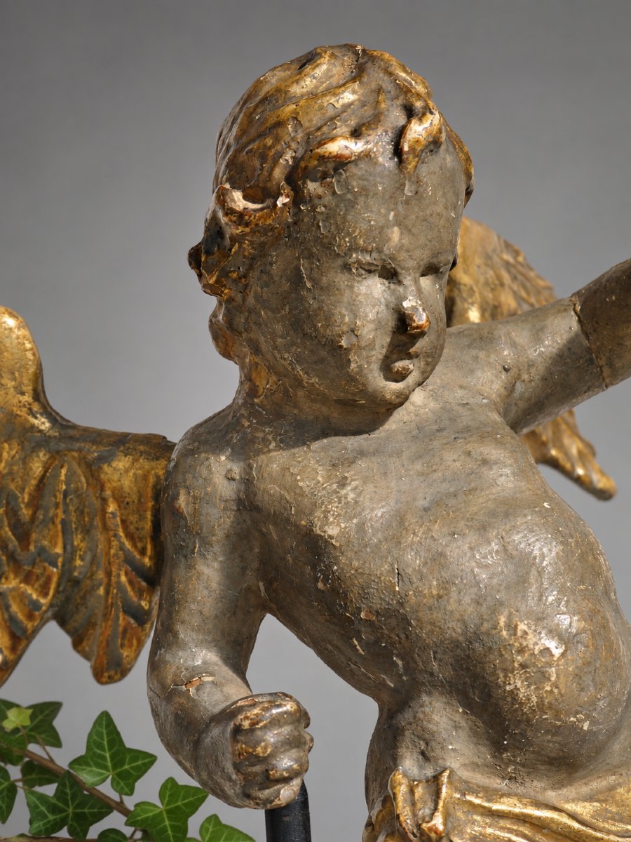 18th-century Polychrome Gilded Wooden Angel/putto, Cherub, Central Europe, Sculpture -photo-4
