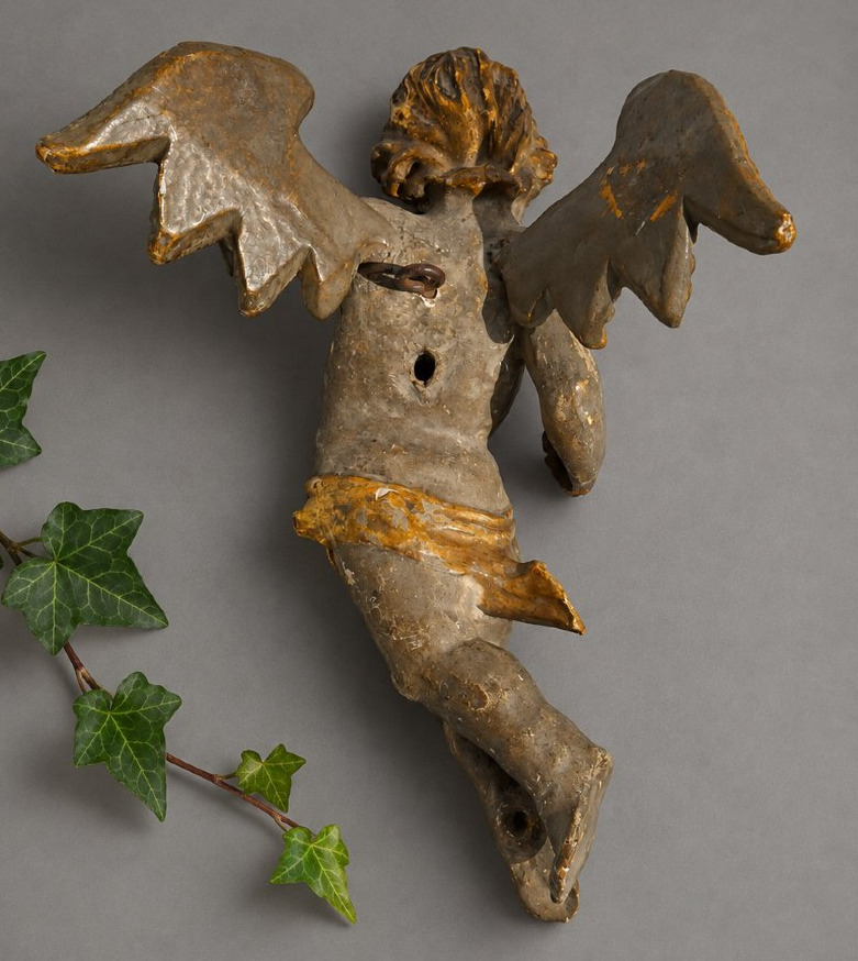 18th-century Polychrome Gilded Wooden Angel/putto, Cherub, Central Europe, Sculpture -photo-1