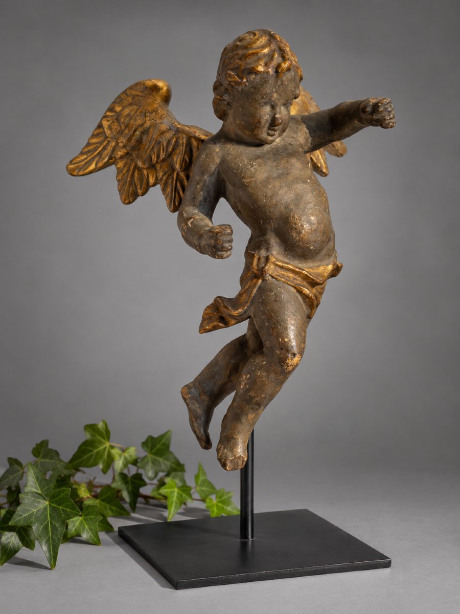 18th-century Polychrome Gilded Wooden Angel/putto, Cherub, Central Europe, Sculpture -photo-3