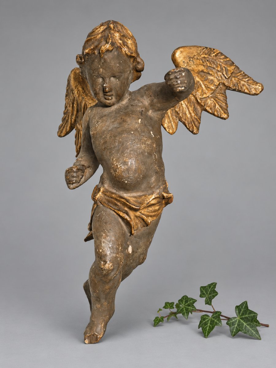 18th-century Polychrome Gilded Wooden Angel/putto, Cherub, Central Europe, Sculpture 