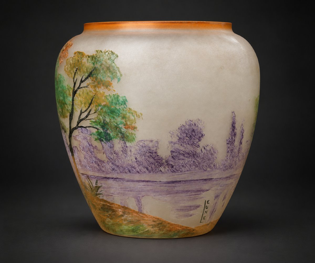 Vase Cratere En Verre Emaillé & Givré , Signé Leune , Décor Lacustre , Art Nouveau 1900 , -photo-3