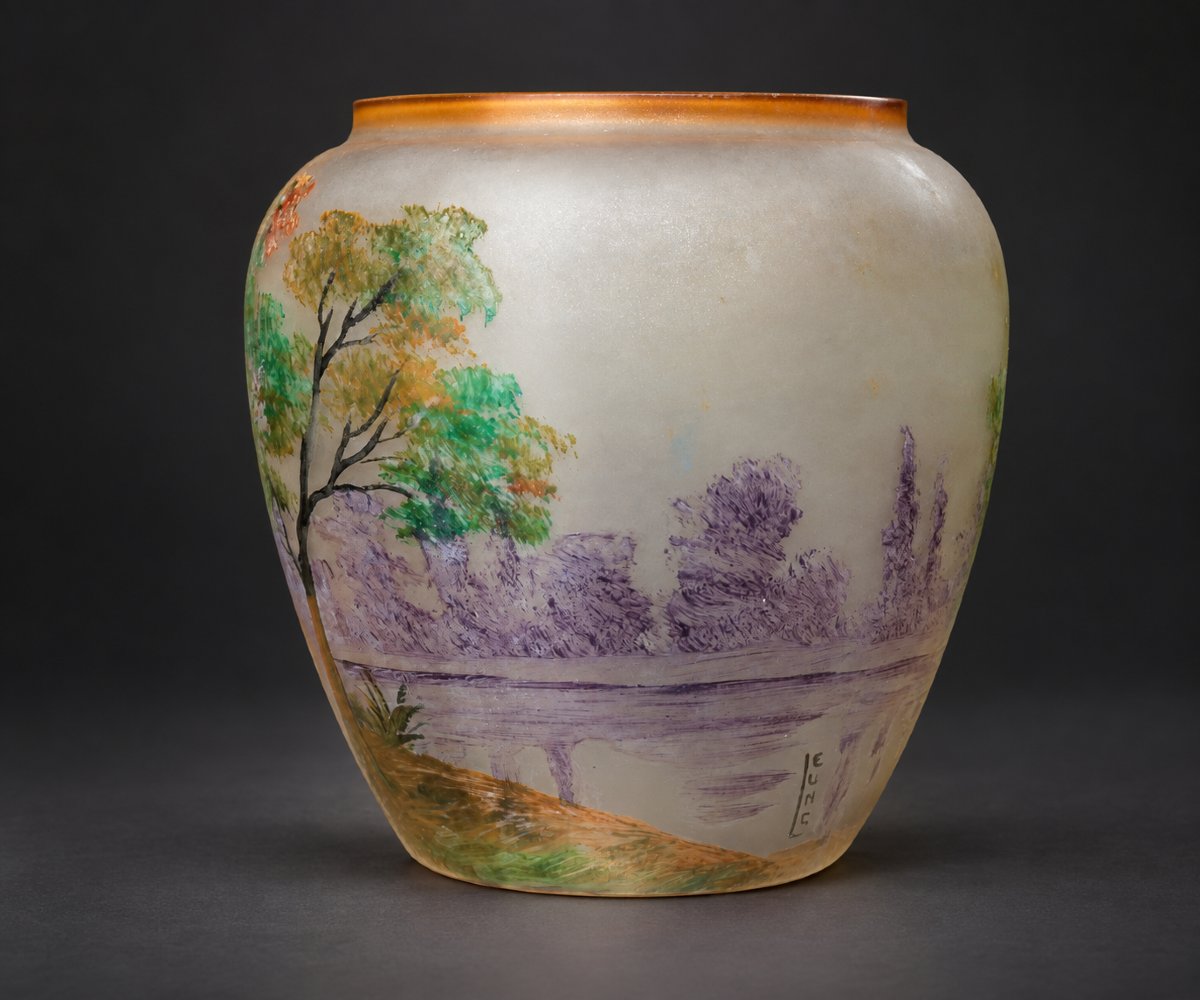Vase Cratere En Verre Emaillé & Givré , Signé Leune , Décor Lacustre , Art Nouveau 1900 , -photo-4