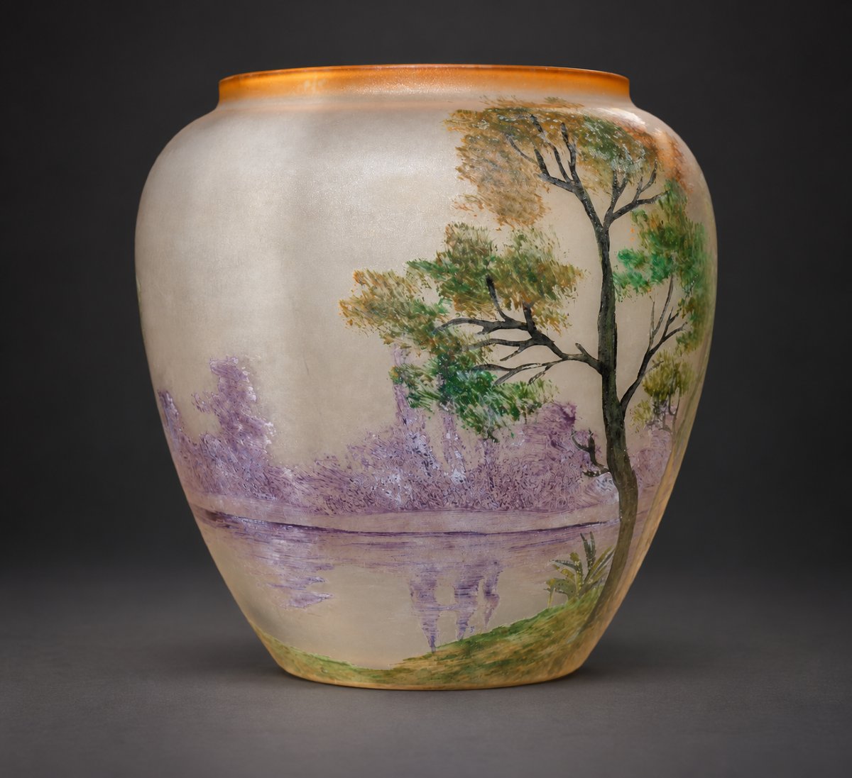 Vase Cratere En Verre Emaillé & Givré , Signé Leune , Décor Lacustre , Art Nouveau 1900 , -photo-1