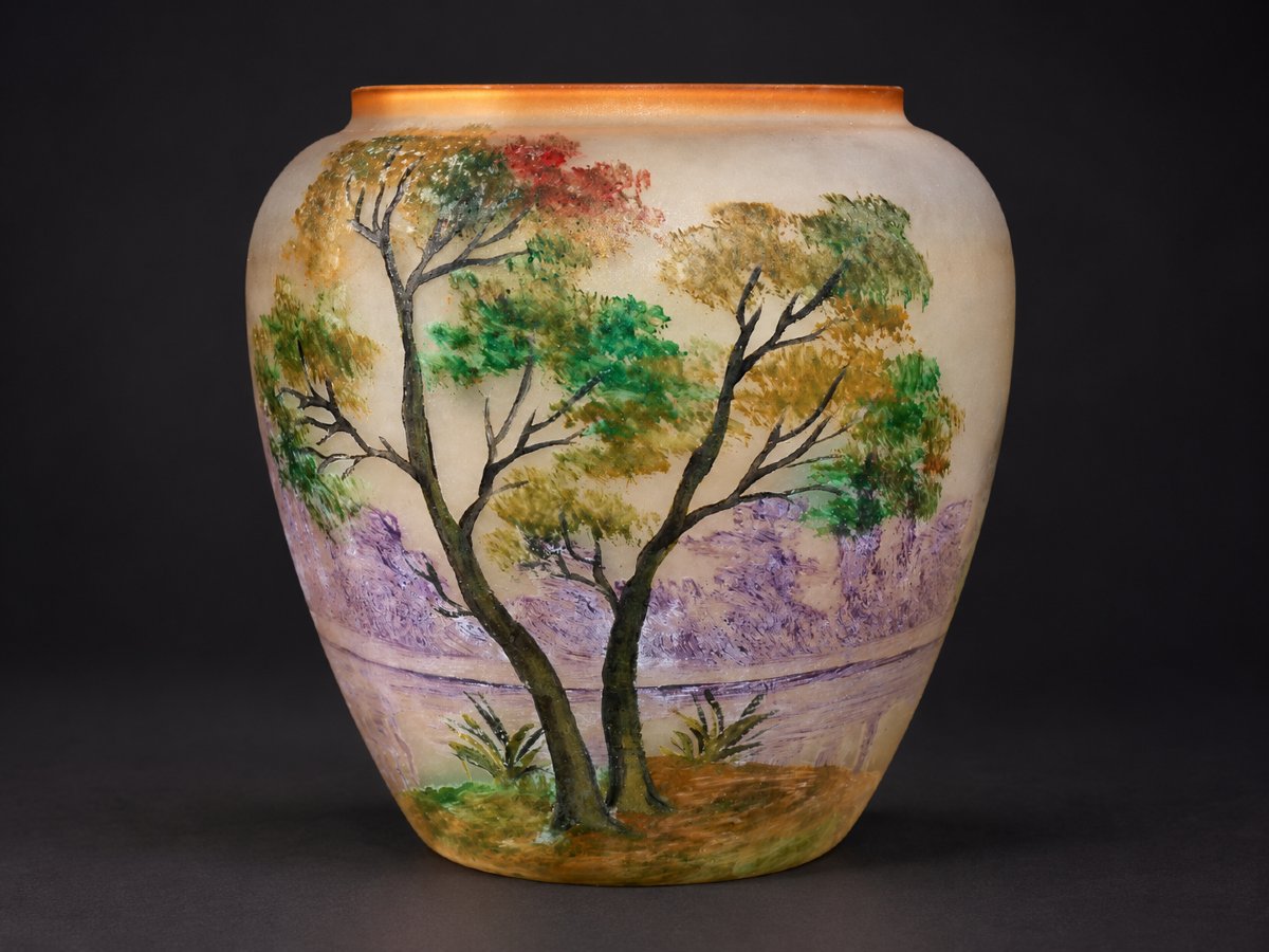 Vase Cratere En Verre Emaillé & Givré , Signé Leune , Décor Lacustre , Art Nouveau 1900 , 