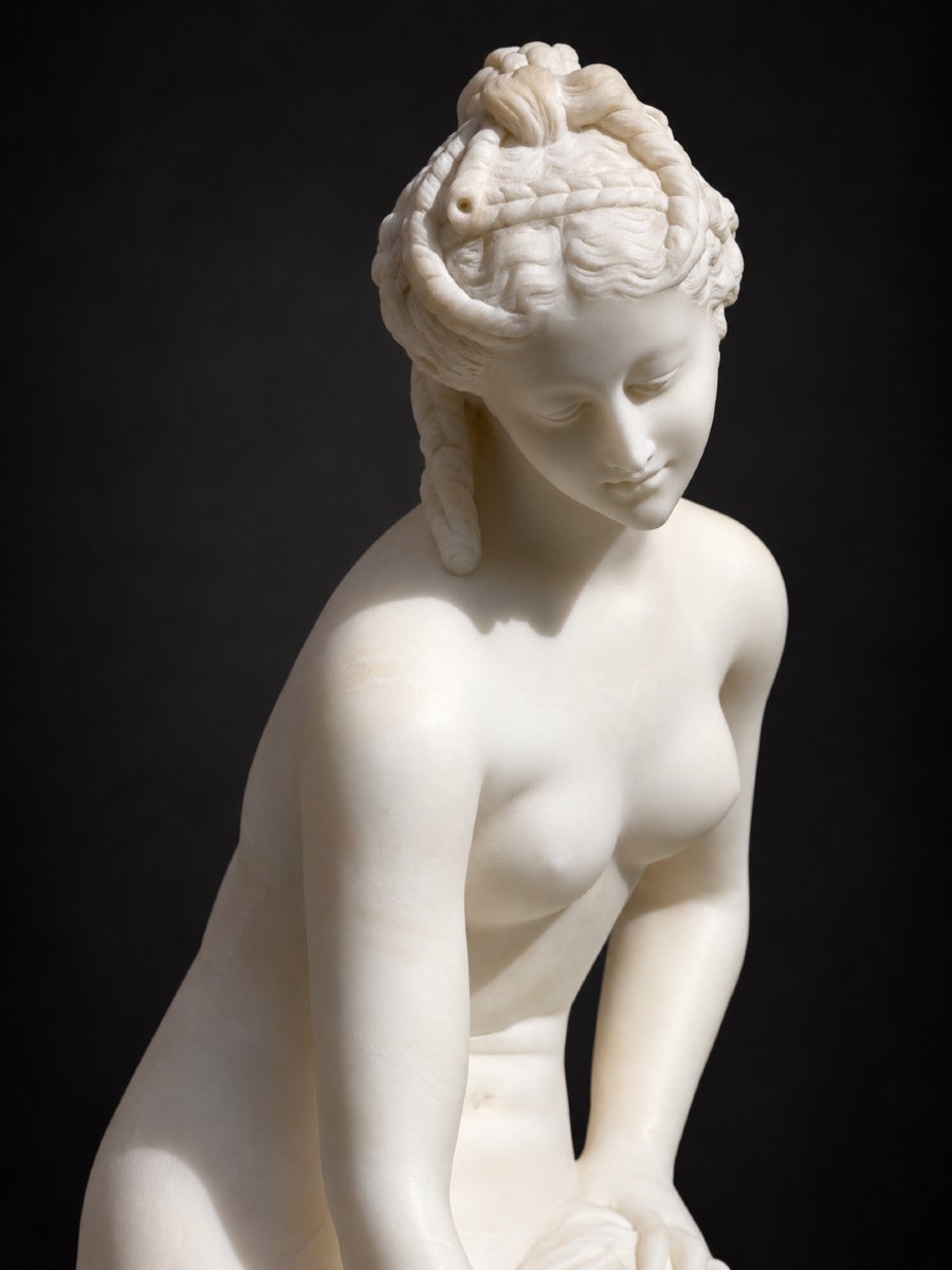 La Baigneuse dite Vénus sortant du bain Albâtre signé E. Scarcelli XIXe , Femme Nue Antique-photo-2