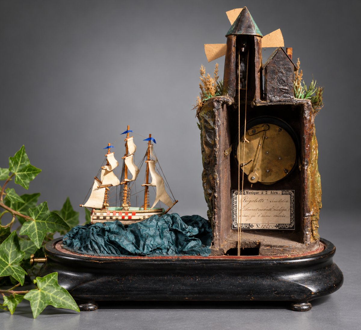 Musical Automaton In A Glass Dome – Windmill, Moving Boat, And Clock, 19th Century, Toy / Curiosity-photo-4