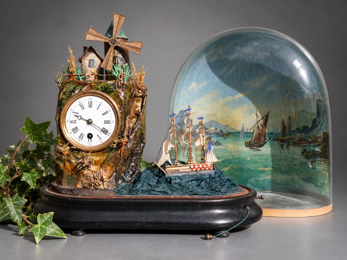 Musical Automaton In A Glass Dome – Windmill, Moving Boat, And Clock, 19th Century, Toy / Curiosity-photo-2