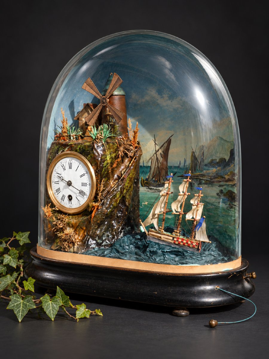 Musical Automaton In A Glass Dome – Windmill, Moving Boat, And Clock, 19th Century, Toy / Curiosity-photo-3