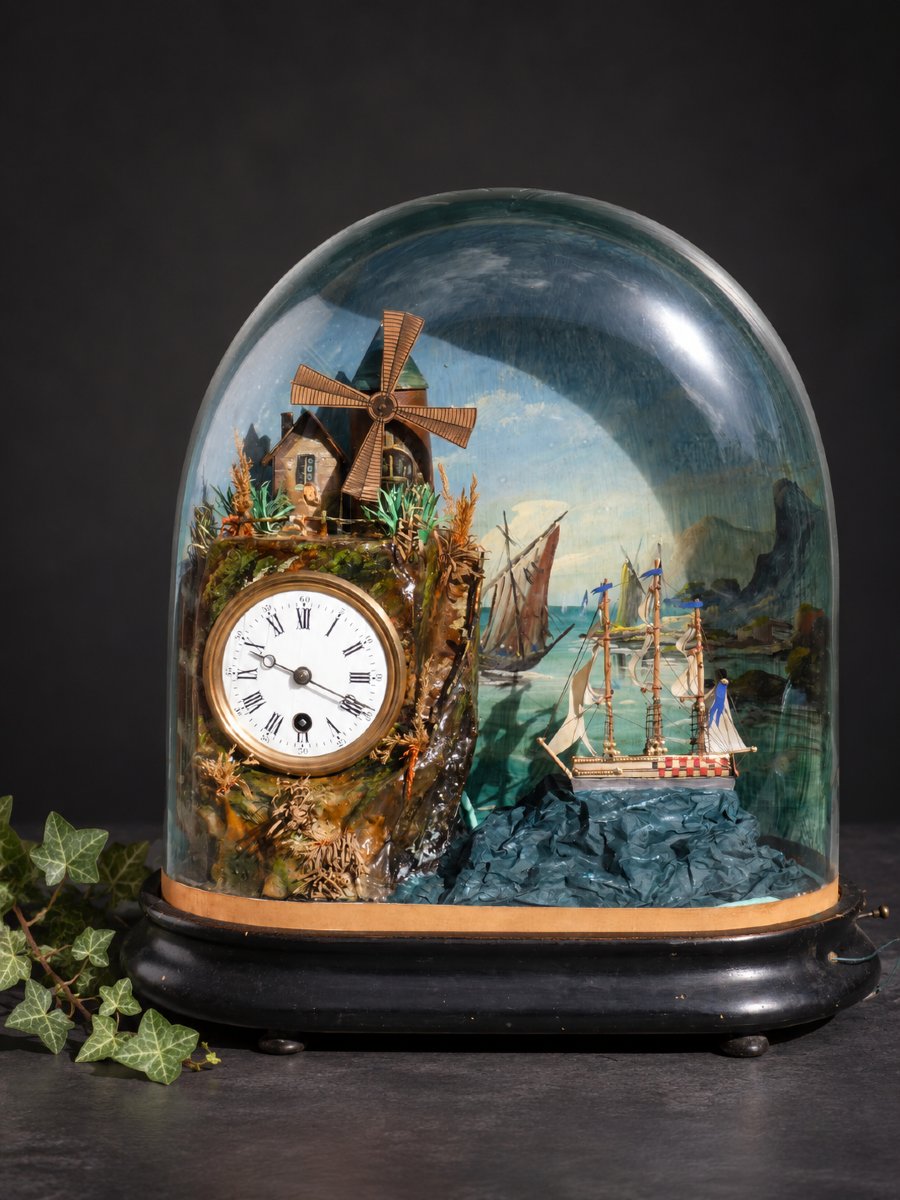 Musical Automaton In A Glass Dome – Windmill, Moving Boat, And Clock, 19th Century, Toy / Curiosity-photo-3