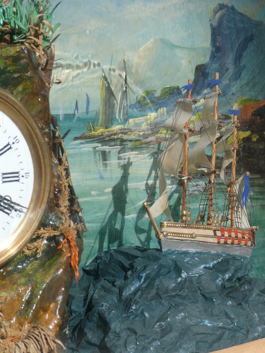 Musical Automaton In A Glass Dome – Windmill, Moving Boat, And Clock, 19th Century, Toy / Curiosity-photo-6