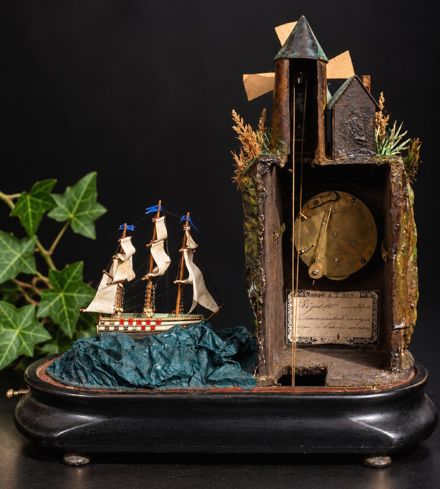 Musical Automaton In A Glass Dome – Windmill, Moving Boat, And Clock, 19th Century, Toy / Curiosity-photo-2