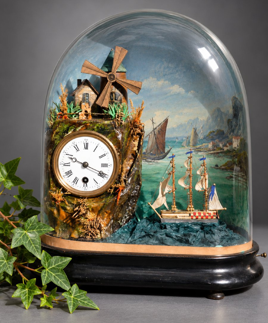 Musical Automaton In A Glass Dome – Windmill, Moving Boat, And Clock, 19th Century, Toy / Curiosity