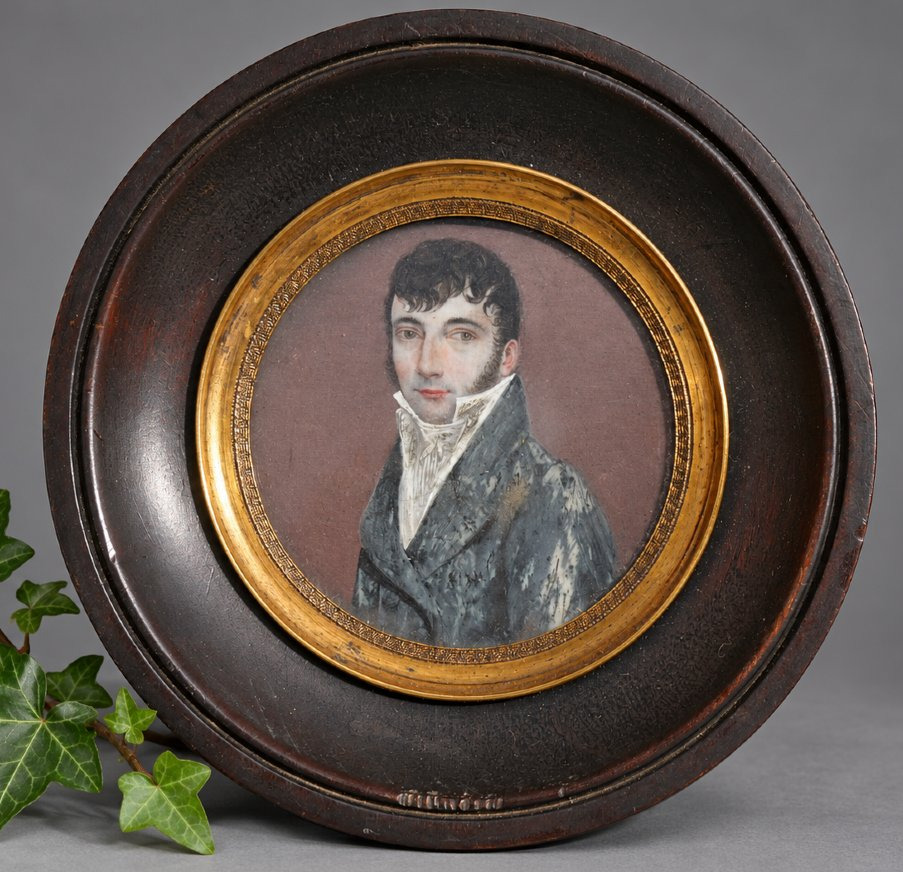 Watercolor Miniature, Portrait Of A Man In Formal Attire, Empire–restoration Period, Circa 1810, Dandy