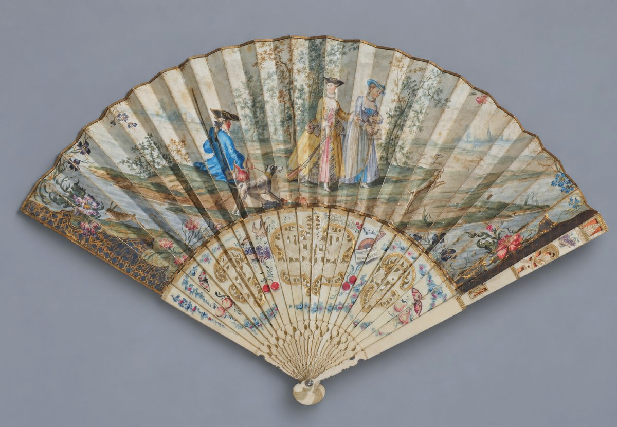 Éventail XVIIIe  Peint & Doré, Scène De Chasse Aux Chiens Vers 1760-1770 , Mode Louis XV Chiens