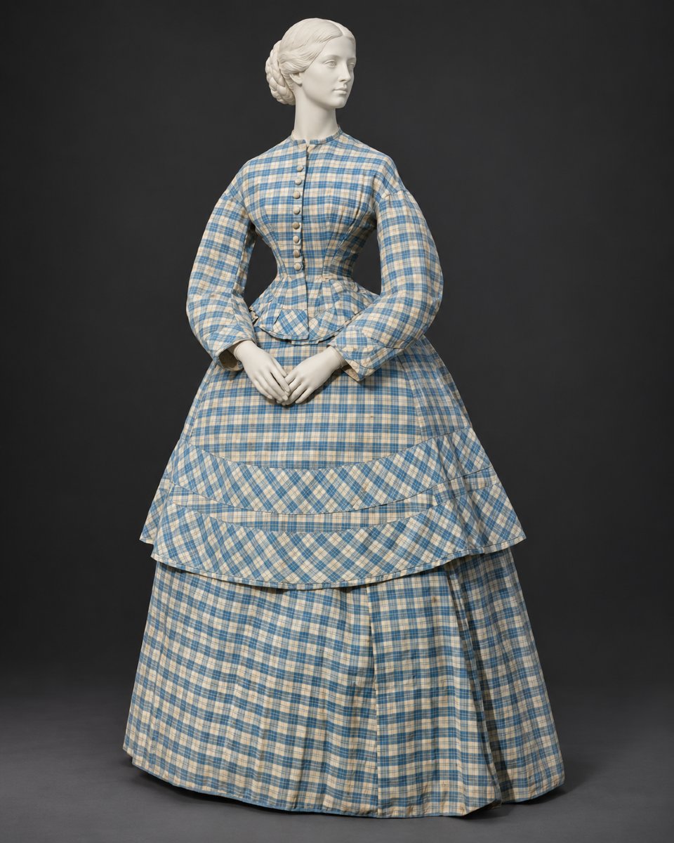 Napoleon III-era Day Dress, 19th-century Crinoline, 1868 Wool Etamine Suit With Check Pattern-photo-2