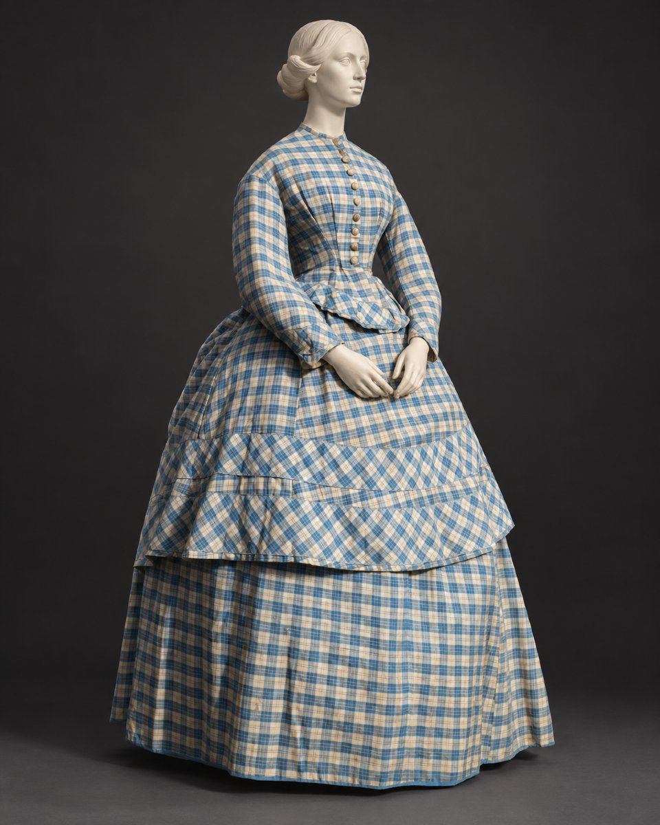 Napoleon III-era Day Dress, 19th-century Crinoline, 1868 Wool Etamine Suit With Check Pattern-photo-4