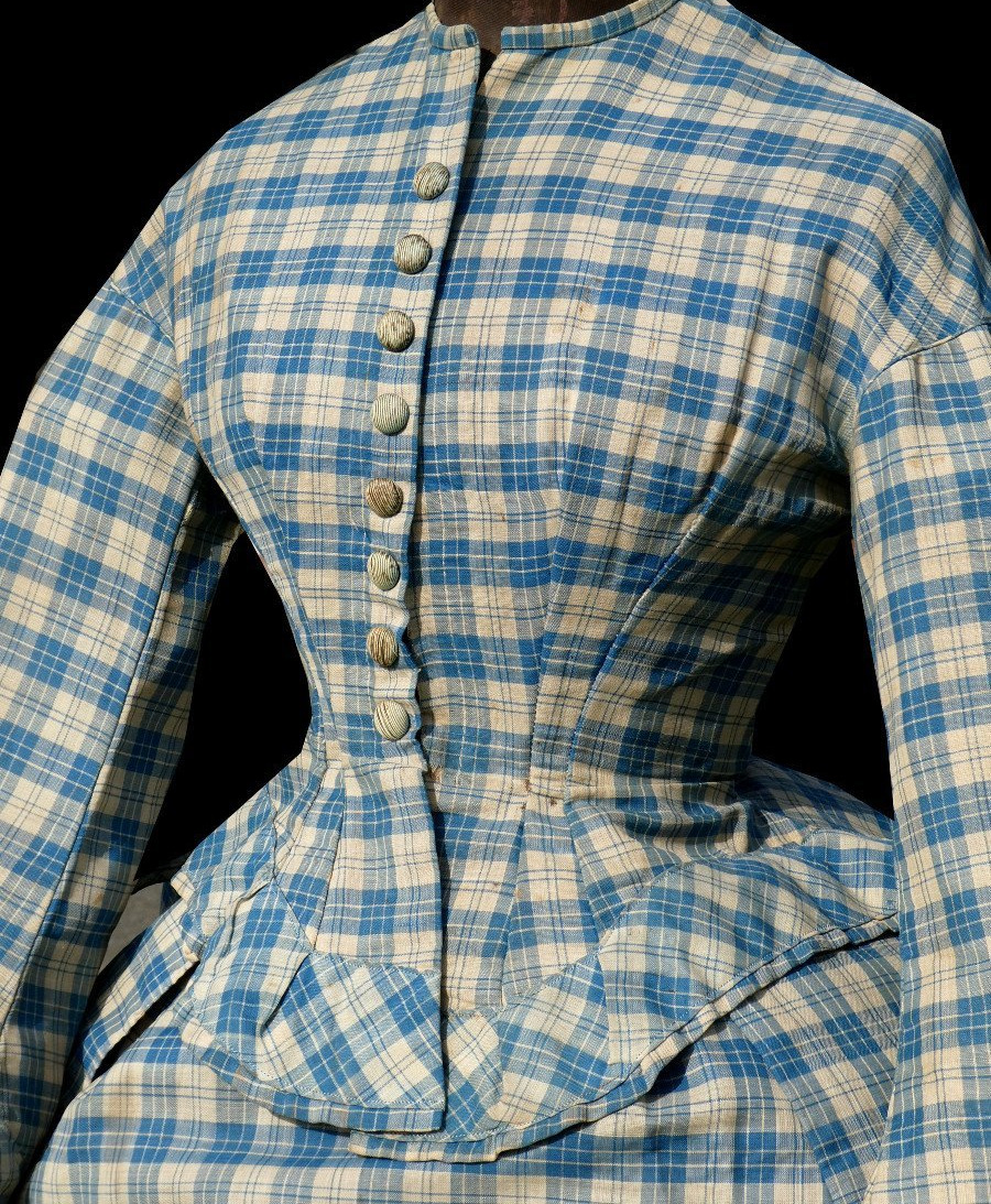 Napoleon III-era Day Dress, 19th-century Crinoline, 1868 Wool Etamine Suit With Check Pattern-photo-2