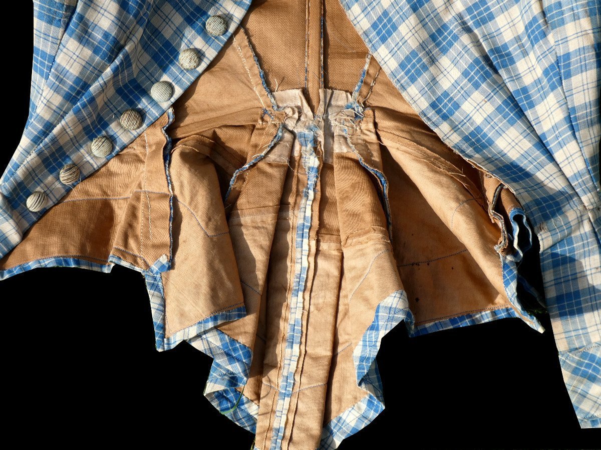 Napoleon III-era Day Dress, 19th-century Crinoline, 1868 Wool Etamine Suit With Check Pattern-photo-4