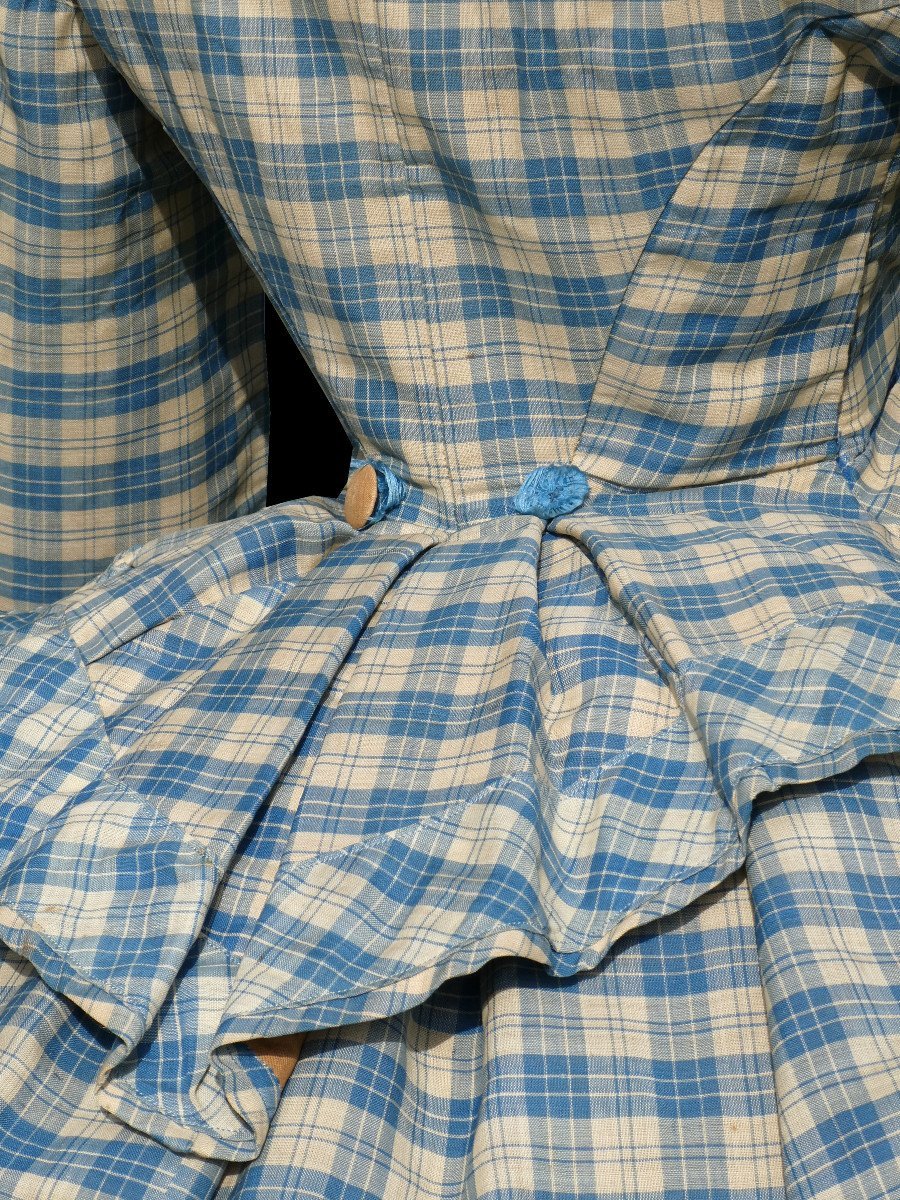 Napoleon III-era Day Dress, 19th-century Crinoline, 1868 Wool Etamine Suit With Check Pattern-photo-5