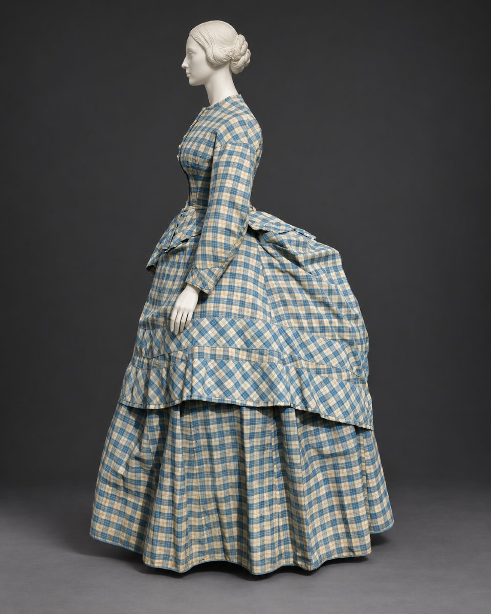 Napoleon III-era Day Dress, 19th-century Crinoline, 1868 Wool Etamine Suit With Check Pattern