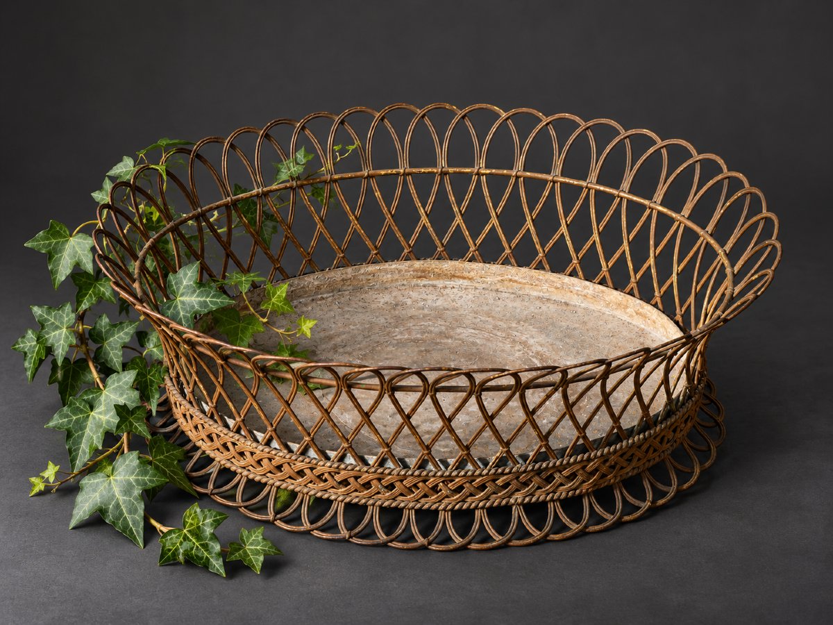 Table Planter, Napoleon III-style Woven Metal Wicker Decor, 19th-century Winter Garden-photo-2