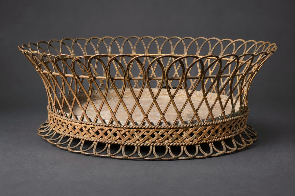 Table Planter, Napoleon III-style Woven Metal Wicker Decor, 19th-century Winter Garden-photo-3