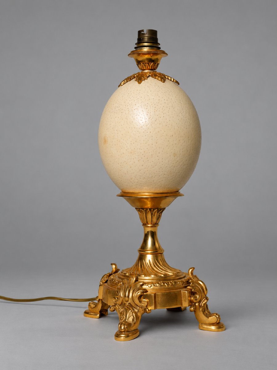 Grande Lampe De Table , Bronze Doré & Oeuf d'Autruche Maison Charles Style Louis XV Design 1970-photo-2