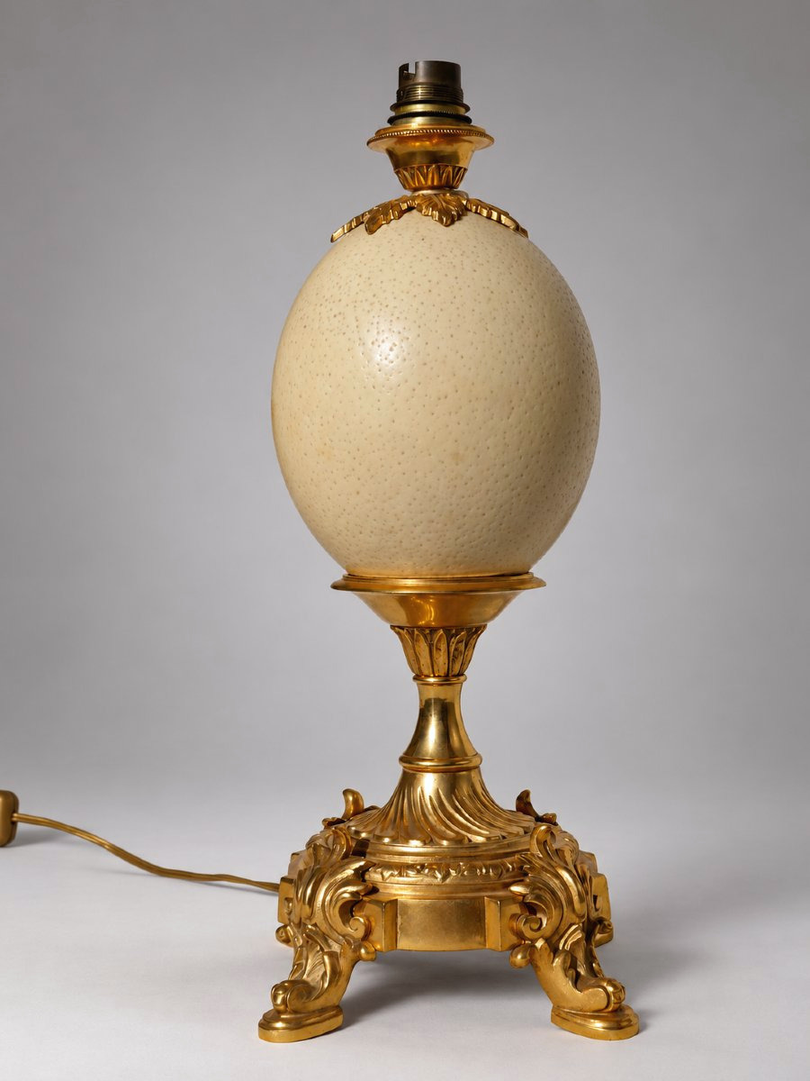 Grande Lampe De Table , Bronze Doré & Oeuf d'Autruche Maison Charles Style Louis XV Design 1970-photo-3